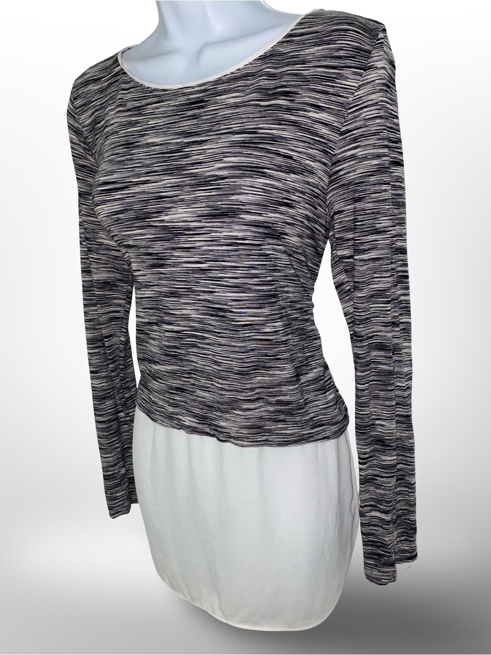 White House Black Market Black & Gray Layered Space-Dye Long Sleeve Top, Small